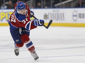 Edmonton's Conner McDonald shoots on Lethbridge's goaltender Stuart Skinner during the third period of a game game between the Edmonton Oil Kings and the Lethbridge Hurricanes at Rogers Place in Edmonton, Alberta on Friday, September 29, 2017. McDonald had a goal in a 5-4 loss to the Prince Albert Raiders on Saturday.