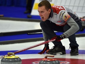 Skip Brendan Bottcher calling to his sweepers while playing Team Vavrek during the 2018 Boston Pizza Cup Alberta men's curling championship at Grant Fuhr Arena in Spruce Grove on Jan. 31, 2018