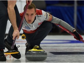 Skip Brendan Bottcher delivers a rock during the 2018 Boston Pizza Cup Alberta championship at Grant Fuhr Arena in Spruce Grove, January 31, 2018. (Ed Kaiser)