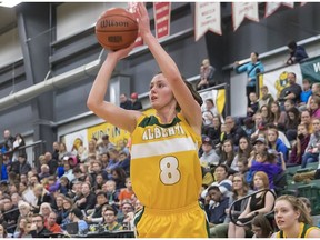 University of Alberta Pandas guard Emma Kary takes a shot against the MacEwan Griffins at the Saville Community Sports Centre on Jan. 27, 2018