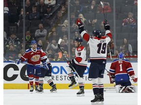 Lethbridge's Jordy Bellerive (15) scores during a previous WHL game between the Edmonton Oil Kings and the Lethbridge Hurricanes at Rogers Place in Edmonton in December 2016. (File)