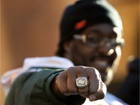 One of former Edmonton Eskimos player Randy Spencer's Grey Cup rings that were stolen from a Calgary Trail gym on Friday, Feb. 16, 2018.