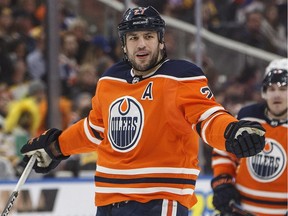Edmonton Oilers forward Milan Lucic reacts to an official's call while playing against the Boston Bruins in Edmonton on Feb. 20, 2018.