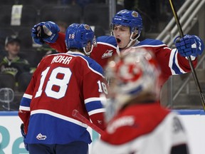 Edmonton Oil Kings Scott Atkinson (right) and Kobe Mohr celebrate a goal against the Lethbridge Hurricanes at Rogers Place in Edmonton, Alberta on Friday, September 29, 2017. Ian Kucerak / Postmedia Photos for stories running Saturday, Sept. 23 edition.