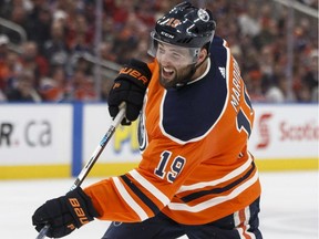 Edmonton Oilers winger Patrick Maroon fires a shot during  NHL action against the Montreal Canadiens in Edmonton on Dec. 23, 2017.