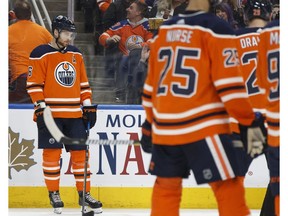 Edmonton Oilers defenceman Adam Larsson (6) faces off with teammates against the Buffalo Sabres at Rogers Place in Edmonton on Jan. 23, 2018. (File)