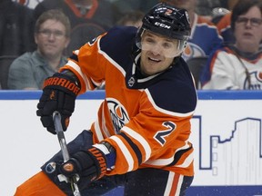 Edmonton Oilers defenceman Andrej Sekera during NHL action against the visiting Buffalo Sabres on Jan. 23, 2018.