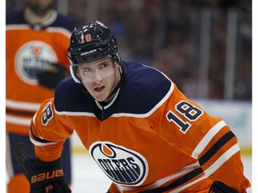 Edmonton Oilers forward Ryan Strome faces off during NHL action against the Calgary Flames at Rogers Place in Edmonton on Jan. 25, 2018.