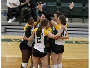 The University of Alberta Pandas celebrate a win during a Canada West best of three quarterfinal game versus the Trinity Western University Spartans in Edmonton, Alberta on Friday, Feb. 23, 2018.