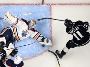Los Angeles Kings centre Anze Kopitar tries to get a shot in on Edmonton Oilers goaltender Cam Talbot during NHL action Feb. 7, 2018, in Los Angeles. The Kings won 5-2.