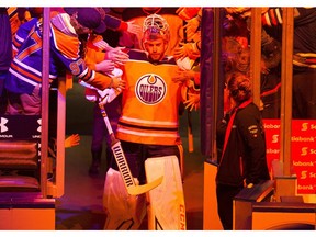 Edmonton Oilers goalie Cam Talbot is welcomed to the ice by fans during the team's skills competition on Saturday, Feb. 3, 2018, in Edmonton. (Greg Southam)