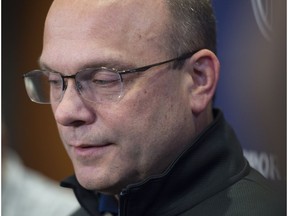 Edmonton Oilers General Manager Peter Chiarelli at Rogers Place on  February 23, 2018 prior to the NHL trade deadline.