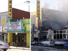 On the left, the Roxy Theatre is seen on May 4, 2004. On the right, the historical theatre is seen burnt to the ground during an early morning fire on Tuesday Jan. 13, 2015.