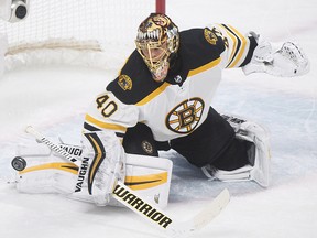Boston Bruins goaltender Tuukka Rask makes a save against the Montreal Canadiens in Montreal, Saturday, January 20, 2018. (THE CANADIAN PRESS/Graham Hughes)