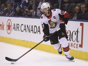 Ottawa Senators Erik Karlsson during the third period  in Toronto on Saturday February 10, 2018.