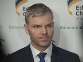 Tim McMillan, president and CEO of the Canadian Association of Petroleum Producers spoke at a luncheon at the Edmonton Chamber of Commerce on February 7, 2018, and touched on the trade war between Alberta and B.C. over the Trans Mountain pipeline.  Photo by Shaughn Butts / Postmedia