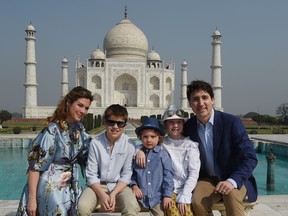 Prime Minister of Canada Justin Trudeau, his wife Sophie Gregoire and his children pose for a photograph during their visit to Taj Mahal in Agra on February 18, 2018. Trudeau and his family arrived at the Taj Mahal on February 18, kickstarting their week-long trip to India aimed at boosting economic ties between the two countries. / AFP PHOTO / MONEY SHARMAMONEY SHARMA/AFP/Getty Images