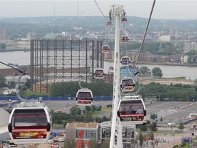 A view from a cable car as London Mayor Boris Johnson takes one of the first rides on the Emirates Air Line cable car across the River Thames prior to its official opening to the public this morning on June 28 in London, England.