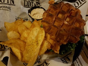 Montana's chicken-waffle sandwich (with chippers) is a tasty treat.