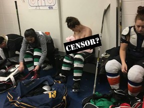 In this Facebook photo, Serah Small breastfeeds her baby in a locker room during the intermission of a hockey game.