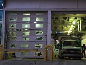 Damaged ambulance bay doors at the Royal Alexandra Hospital.