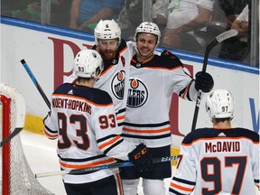 The Edmonton Oilers celebrate their third-period goal against the Florida Panthers at the BB&T Center on March 17, 2018 in Sunrise, Fla. The Oilers defeated the Panthers 4-2.