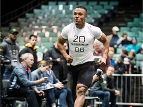 Jackson Bennett (20) from the University of Ottawa runs a sprint during the CFL Combine at the RBC Convention Centre in Winnipeg MB, on Saturday, March 24, 2018