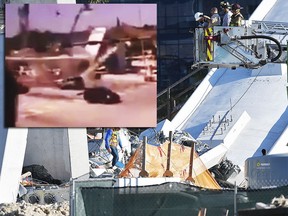 Miam-Dade Fire Rescue personnel work after a brand new, 950-ton pedestrian bridge collapsed. (AP)