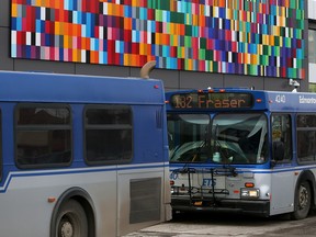 Buses outside Northgate Transit Centre. Routes in the northwest currently detour to 97 Street or 127 Street because access across Yellowhead Trail is limited.
