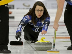 Val Sweeting delivers a rock during game action at the 2018 Pinty's Grand Slam of Curling, Meridian Canadian Open held in Camrose, Alta., on Jan. 16, 2018.