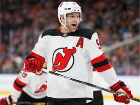 New Jersey Devils forward Taylor Hall  skates against the Edmonton Oilers on Nov. 3, 2017 in Edmonton.