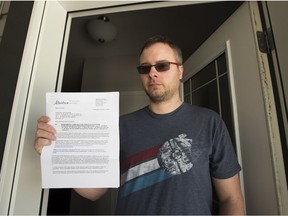 Shayne Bundus holds a letter he received on Friday, March 16, 2018 from Alberta Environment and Parks and Alberta Health Services to residents living near the former creosote treatment plant in northeast Edmonton. His home is near the area of the old creosote plant site which has ongoing contamination problems.