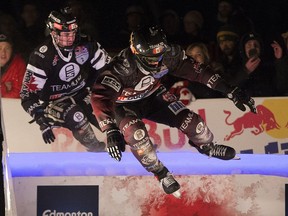 Kyle Croxall is in front of his brother Scott Croxall during Red Bull Crashed Ice competition on Saturday, March 10, 2018 in Edmonton.