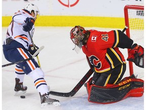 Calgary Flames forward Johnny Gaudreau celebrates after scoring against the Edmonton Oilers at the Scotiabank Saddledome in Calgary on Tuesday, March 13, 2018. (Al Charest)