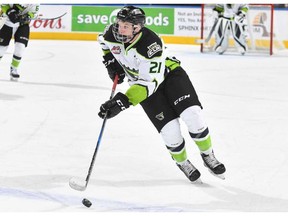 Edmonton Oil Kings forward Jake Neighbours skates up the ice with the puck against the Regina Pats in WHL action at Rogers Place on Sunday, March 4, 2018.