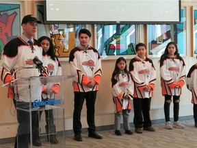 Edmonton Mayor Don Iveson speaks at the media launch for the Alberta Native Provincial Hockey Championships. The tourney runs from April 5 through April 8. (SUPPLIED for Marty Forbes column).