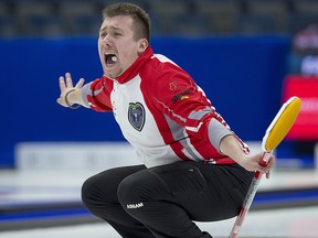 Newfoundland and Labrador skip Greg Smith reacts to a shot against Yukon at the Tim Hortons Brier at the Brandt Centre in Regina on Monday, March 5, 2018. (THE CANADIAN PRESS/Andrew Vaughan)