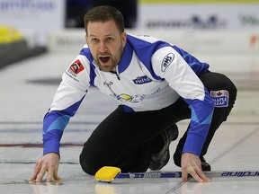 Brad Gushue (skip) delivers his last rock to make a raise takeout and defeat Team Kim from South Korea by a score of 9-4 at the 2018 Pinty's Grand Slam of Curling, Meridian Canadian Open held in Camrose, Alberta on January 16, 2018. (PHOTO BY LARRY WONG/POSTMEDIA)