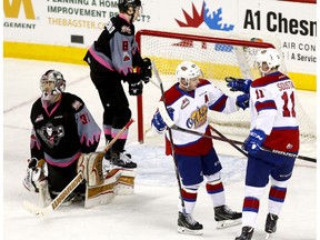 Calgary Hitmen goalie Nick Scheider reacts after the Edmonton Oil Kings score one of their five first-period goals at the Scotiabank Saddledome in Calgary on Sunday, March 18, 2018. (Darren Makowichuk)