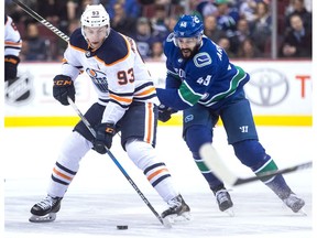 Edmonton Oilers centre Ryan Nugent-Hopkins (93) sat out Saturday's game against the Calgary Flames with a lower-body injury. (File)