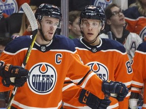 Edmonton Oilers celebrate a goal during second period NHL action against the New York Rangers, in Edmonton on March 3, 2018.