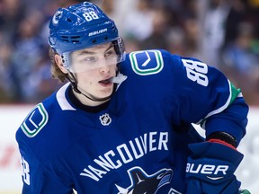 Vancouver Canucks centre Adam Gaudette skates during the first period of an NHL hockey game against the Edmonton Oilers in Vancouver on Thursday, March 29, 2018. (Darryl Dyck/The Canadian Press)