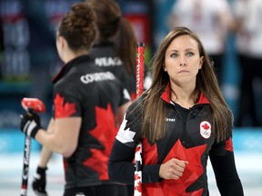 Rachel Homan of Canada competes against Great Britian at Gangneung Curling Centre on February 21, 2018 in Gangneung, South Korea. (Chris Graythen/Getty Images)