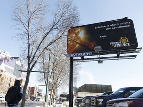 A billboard by the anti-climate change group the Friends of Science is seen outside the CitiesIPCC Cities and Climate Change Science conference at the Shaw Conference Centre in Edmonton, Alberta on Monday, March 5, 2018. Photo by Ian Kucerak/Postmedia