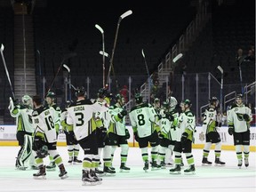 Edmonton Oil Kings players celebrate winning a WHL game over the Lethbridge Hurricanes at Rogers Place in Edmonton on March 13, 2018.