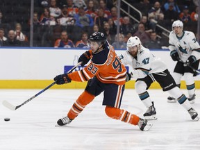 Edmonton's Ryan Nugent-Hopkins (93) shoots during the first period of a NHL game between the Edmonton Oilers and the San Jose Sharks at Rogers Place in Edmonton, Alberta on Wednesday, March 14, 2018.