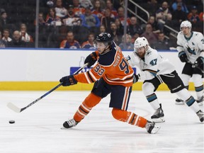 Edmonton Oilers forward Ryan Nugent-Hopkins shoots during NHL action against the San Jose Sharks at Rogers Place in Edmonton on March 14, 2018.