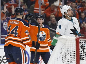 Edmonton's Drake Caggiula (91) celebrates a goal with teammates during the first period of a NHL game between the Edmonton Oilers and the San Jose Sharks at Rogers Place in Edmonton, Alberta on Wednesday, March 14, 2018.