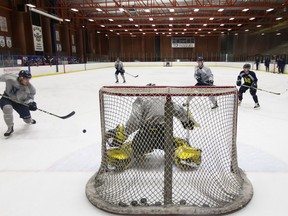 The Ooks men's hockey team practices at the NAIT Athletic and Recreation Facilities at the Northern Alberta Institute of Technology in Edmonton on March 15, 2018.