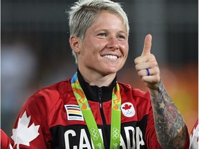 Canada's captain Jen Kish gives a thumbs up during the medal ceremony after winning the bronze medal game against Great Britain in women's rugby sevens at the 2016 Olympic Games in Rio de Janeiro, Brazil on Monday, Aug. 8, 2016.